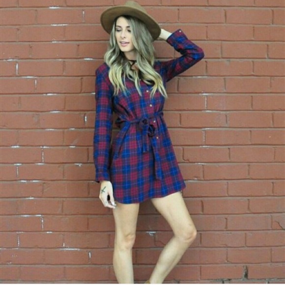 2/$40 Navy Red Plaid Flannel Tunic Top Dress - Picture 2 of 7